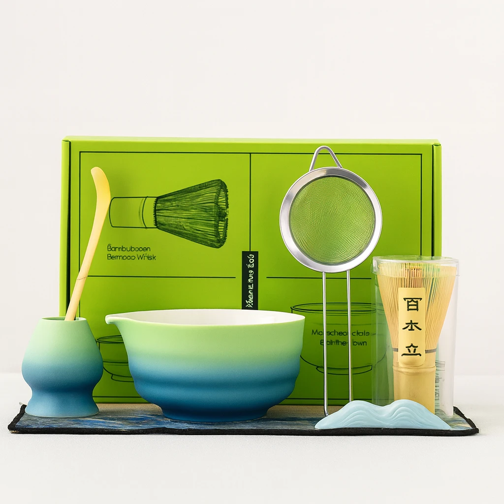 مجموعة تحضير الماتشا من 7 قطع - ازرق/اخضر