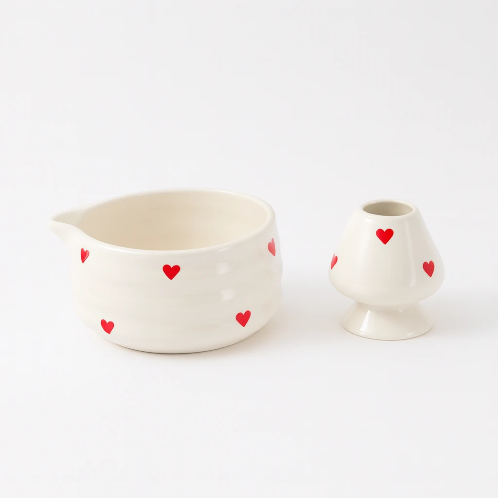 مجموعة تحضير الماتشا من قطعتين - أبيض بالقلوب