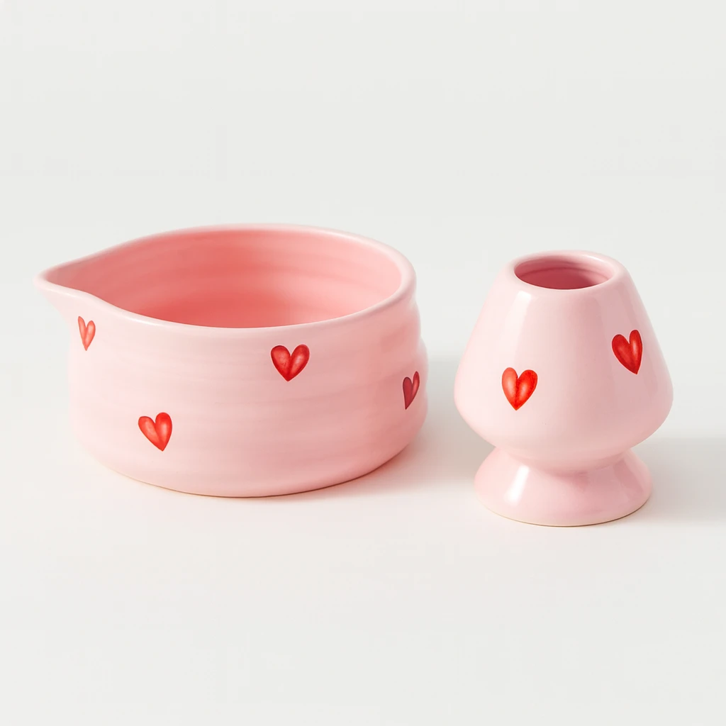 مجموعة تحضير الماتشا من قطعتين - وردي بالقلوب